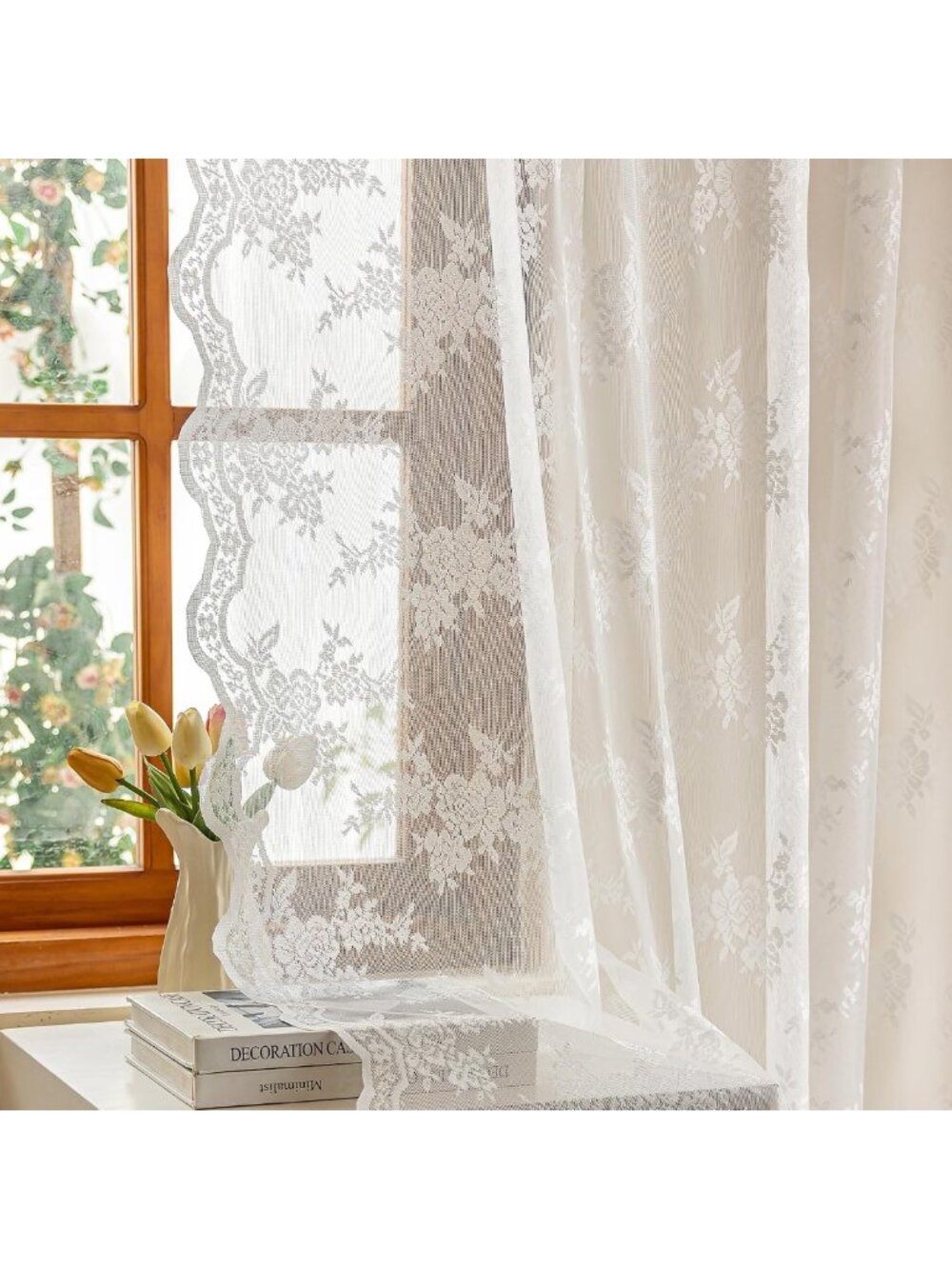 Elegant White Lace Curtains - 84" Long Floral Sheer Drapes for Home Decor